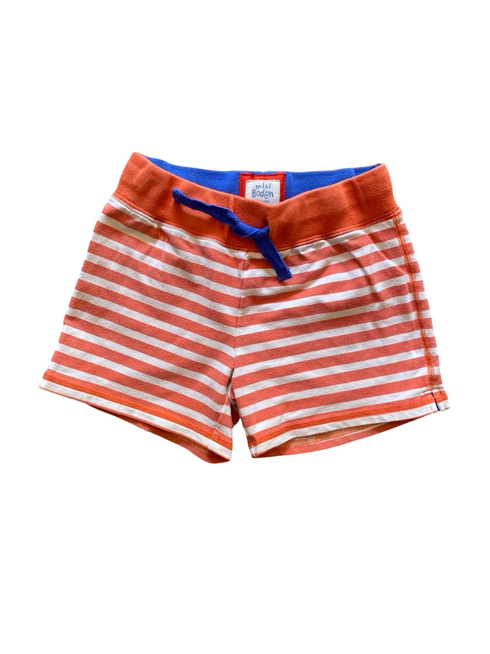 Mini Boden Orange and White Striped Cotton Shorts with Blue Trim - 7Y